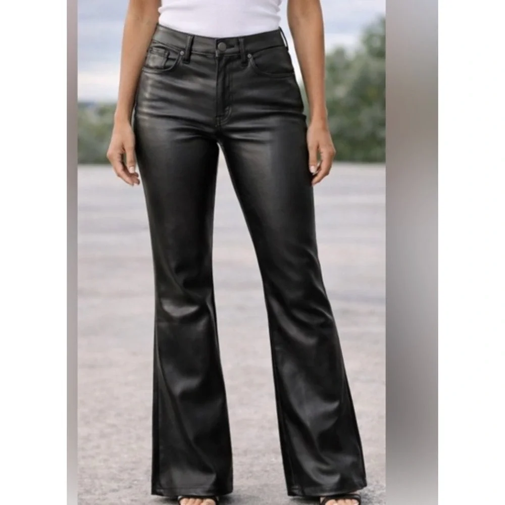 Gap Faux Leather 70s Flare High Rise Pants Black Size 32 14R Vegan‎ Leather